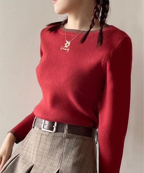 one way（ワンウェイ）の「バイカラー花刺繍リブニット（ニット/セーター・レディース・ブラック/ホワイト/レッド/グレー・FREE）」の4枚目の写真