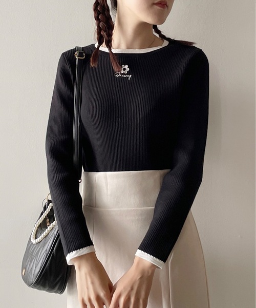 one way（ワンウェイ）の「バイカラー花刺繍リブニット（ニット/セーター・レディース・ブラック/ホワイト/レッド/グレー・FREE）」の3枚目の写真