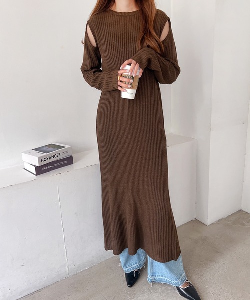 セール】ショルダースリット肩あきリブメランジニットワンピース  