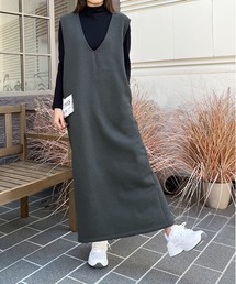 裏起毛 バックスリット Vネックジャンバースカート