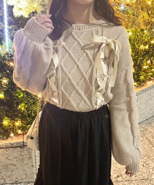 apres jour（アプレジュール）の「サテンレースアップニット【ZOZOTOWN限定アイテム】（ニット/セーター・レディース・ライトピンク/ベージュ/オフホワイト・X-LARGE/フリー）」の15枚目の写真
