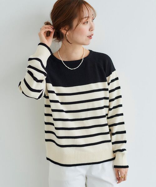 le.coeur blanc(ルクールブラン)の「ブークレーパネルボーダーニット(ニット/セーター・レディース・ブラック系その他/ホワイト系その他・38)」の2枚目の写真