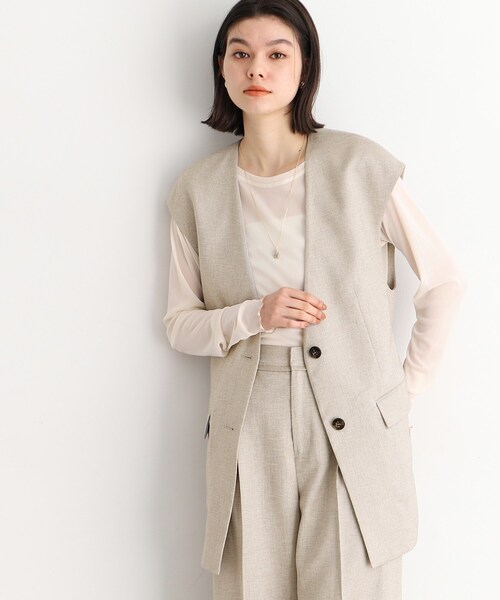 THE SHOP TK (ザ ショップ ティーケー )の「◆【セットアップ可】上品ミドル丈ジレ/洗濯機OK(ベスト・レディース・ベージュ/ネイビー・12/13)」の1枚目の写真