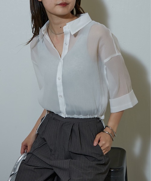 COLONY 2139(コロニートゥーワンスリーナイン)の「シアー裾ドロストクロップドシャツ(シャツ/ブラウス・レディース・サックスブルー/ブラック/グレー/オフホワイト・FREE)」の8枚目の写真