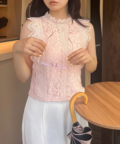 ROYAL PARTY(ロイヤルパーティー)の「レースノースリーブカットトップス(Tシャツ/カットソー・レディース・ブラック/オフホワイト/ピンク・FREE)」の1枚目の写真