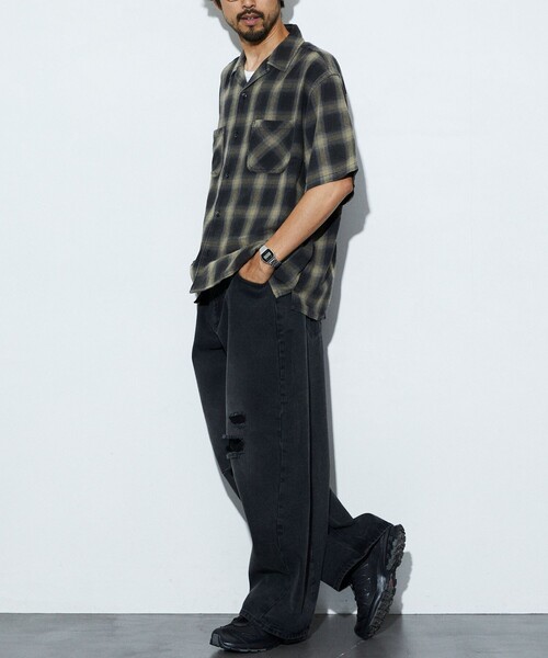 FREAK'S STORE（フリークスストア）の「FREAK’S STORE/フリークスストア TC BLEACH OMBRE OC SHIRT S/S オープンカラー オンブレチェック シャツ/ショートスリーブ/リラックスフィット/ブリーチ加工（シャツ/ブラウス・メンズ・グリーン/ホワイト/ブルー/ブラック・LARGE/MEDIUM）」の17枚目の写真