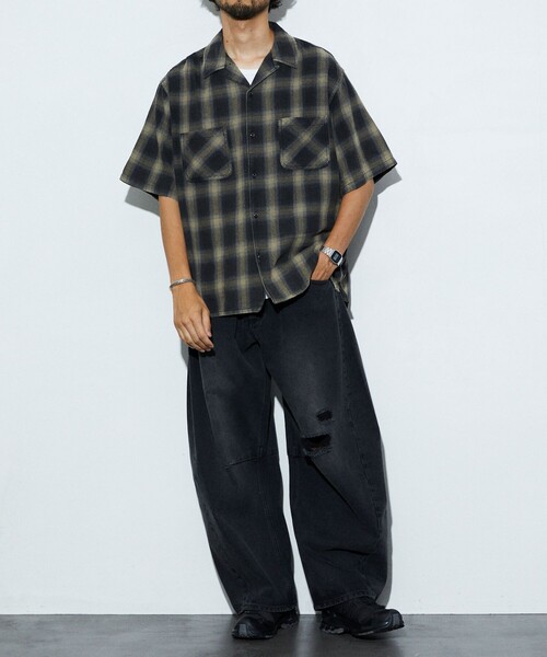 FREAK'S STORE（フリークスストア）の「FREAK’S STORE/フリークスストア TC BLEACH OMBRE OC SHIRT S/S オープンカラー オンブレチェック シャツ/ショートスリーブ/リラックスフィット/ブリーチ加工（シャツ/ブラウス・メンズ・グリーン/ホワイト/ブルー/ブラック・LARGE/MEDIUM）」の18枚目の写真