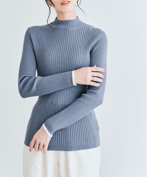 kirakiraShop(キラキラショップ)の「袖配色 リブパイピング ハイネック プルオーバー(ニット/セーター・レディース・モカ/オフホワイト/ブルー系その他/ホワイト系/ブラック・L/M)」の5枚目の写真