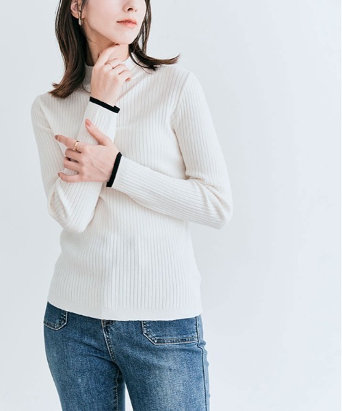 kirakiraShop(キラキラショップ)の「袖配色 リブパイピング ハイネック プルオーバー(ニット/セーター・レディース・モカ/オフホワイト/ブルー系その他/ホワイト系/ブラック・L/M)」の11枚目の写真