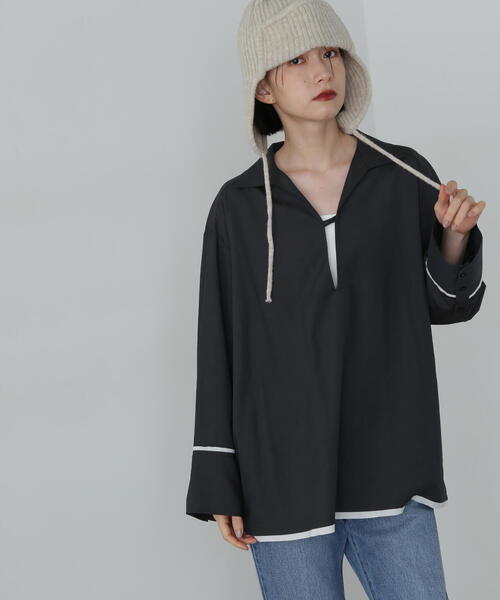 N.(N. Natural Beauty Basic)(エヌエヌナチュラルビューティーベーシック)の「◆オーバーサイズスキッパーシャツ(シャツ/ブラウス・レディース・ブラウン/チャコールグレー/ナチュラル・MEDIUM)」の5枚目の写真