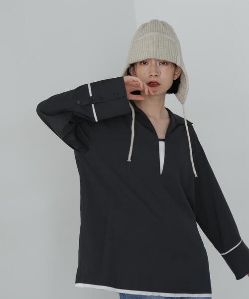 N.(N. Natural Beauty Basic)(エヌエヌナチュラルビューティーベーシック)の「◆オーバーサイズスキッパーシャツ(シャツ/ブラウス・レディース・ブラウン/チャコールグレー/ナチュラル・MEDIUM)」の6枚目の写真