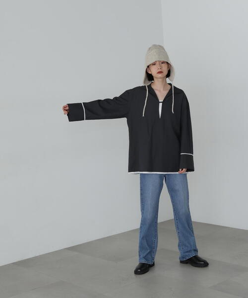 N.(N. Natural Beauty Basic)(エヌエヌナチュラルビューティーベーシック)の「◆オーバーサイズスキッパーシャツ(シャツ/ブラウス・レディース・ブラウン/チャコールグレー/ナチュラル・MEDIUM)」の9枚目の写真