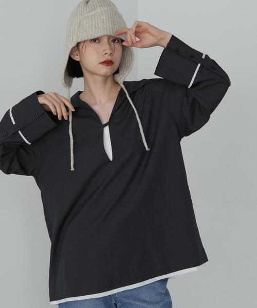 N.(N. Natural Beauty Basic)(エヌエヌナチュラルビューティーベーシック)の「◆オーバーサイズスキッパーシャツ(シャツ/ブラウス・レディース・ブラウン/チャコールグレー/ナチュラル・MEDIUM)」の2枚目の写真