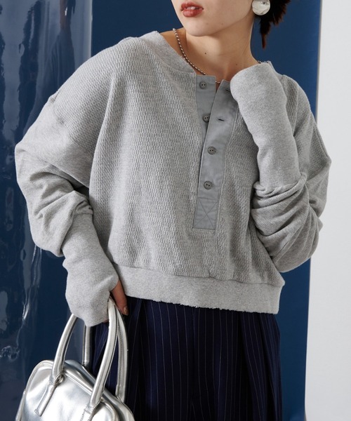 etsinta（エシンタ）の「【etsinta/エシンタ】リメイクワッフルヘンリーTee（Tシャツ/カットソー・レディース・グレー/オフホワイト/ブラック・ONE SIZE）」の3枚目の写真