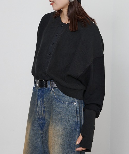 etsinta（エシンタ）の「【etsinta/エシンタ】リメイクワッフルヘンリーTee（Tシャツ/カットソー・レディース・グレー/オフホワイト/ブラック・ONE SIZE）」の6枚目の写真