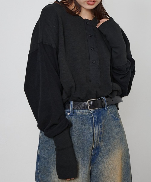 etsinta（エシンタ）の「【etsinta/エシンタ】リメイクワッフルヘンリーTee（Tシャツ/カットソー・レディース・グレー/オフホワイト/ブラック・ONE SIZE）」の5枚目の写真