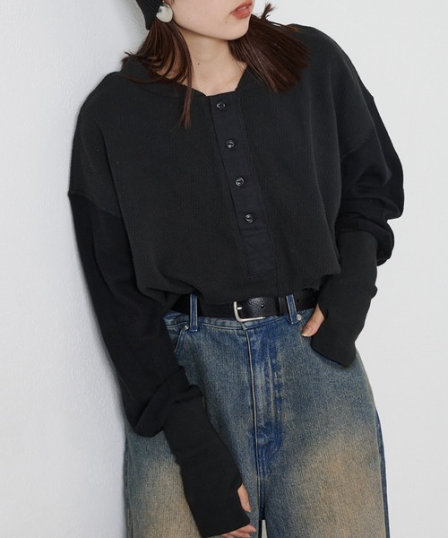 etsinta（エシンタ）の「【etsinta/エシンタ】リメイクワッフルヘンリーTee（Tシャツ/カットソー・レディース・グレー/オフホワイト/ブラック・ONE SIZE）」の8枚目の写真