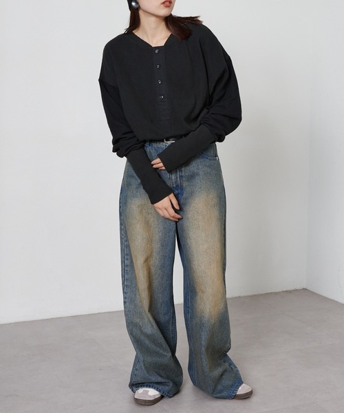 etsinta（エシンタ）の「【etsinta/エシンタ】リメイクワッフルヘンリーTee（Tシャツ/カットソー・レディース・グレー/オフホワイト/ブラック・ONE SIZE）」の9枚目の写真