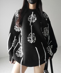 ※※【 ３color 】バラジャガードフリンジビッグシルエットニット ／ rose jacquard fringe big silhouette knit