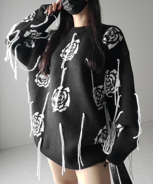 me+em select(ミームセレクト)の「※※【 3color 】バラジャガードフリンジビッグシルエットニット / rose jacquard fringe big silhouette knit(ニット/セーター・レディース・グレー/ホワイト/ブラック・FREE)」の12枚目の写真