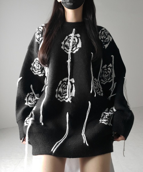 me+em select(ミームセレクト)の「※※【 3color 】バラジャガードフリンジビッグシルエットニット / rose jacquard fringe big silhouette knit(ニット/セーター・レディース・グレー/ホワイト/ブラック・FREE)」の8枚目の写真