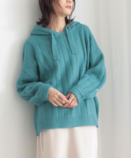 n'OrLABEL(ノアールレーベル)の「刺繍ロゴ入りワイドリブニットパーカー(パーカー・レディース・ブルーグリーン/マスタード/ブラック/杢グレー・FREE)」の1枚目の写真