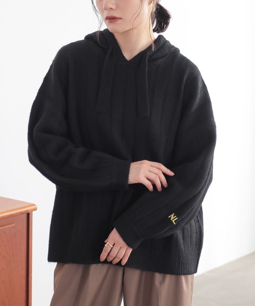 n'OrLABEL(ノアールレーベル)の「刺繍ロゴ入りワイドリブニットパーカー(パーカー・レディース・ブルーグリーン/マスタード/ブラック/杢グレー・FREE)」の2枚目の写真