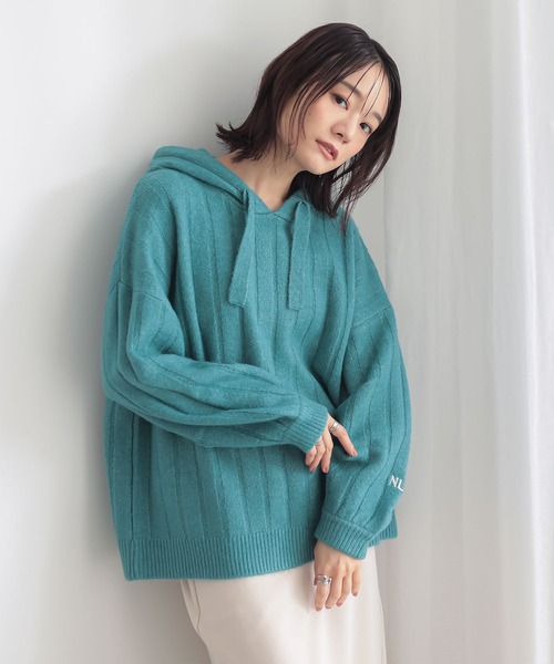 n'OrLABEL(ノアールレーベル)の「刺繍ロゴ入りワイドリブニットパーカー(パーカー・レディース・ブルーグリーン/マスタード/ブラック/杢グレー・FREE)」の6枚目の写真
