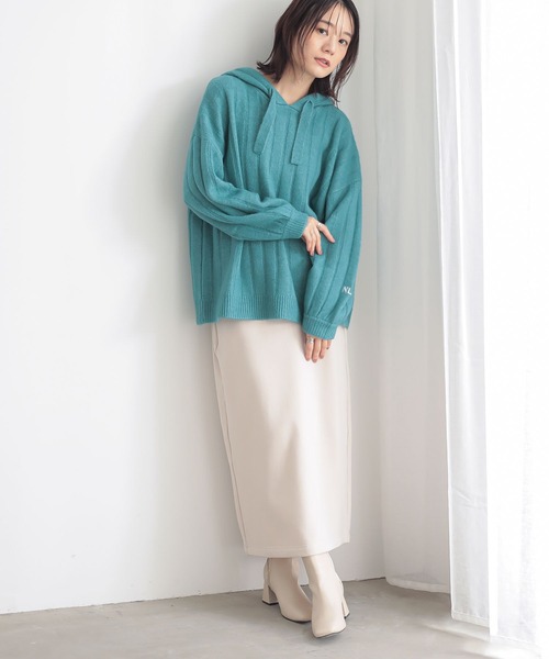 n'OrLABEL(ノアールレーベル)の「刺繍ロゴ入りワイドリブニットパーカー(パーカー・レディース・ブルーグリーン/マスタード/ブラック/杢グレー・FREE)」の8枚目の写真
