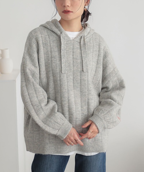 n'OrLABEL(ノアールレーベル)の「刺繍ロゴ入りワイドリブニットパーカー(パーカー・レディース・ブルーグリーン/マスタード/ブラック/杢グレー・FREE)」の15枚目の写真