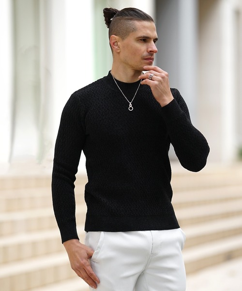 シェブロン柄クルーネックニット メンズ 厚手 ニットセーター スリム