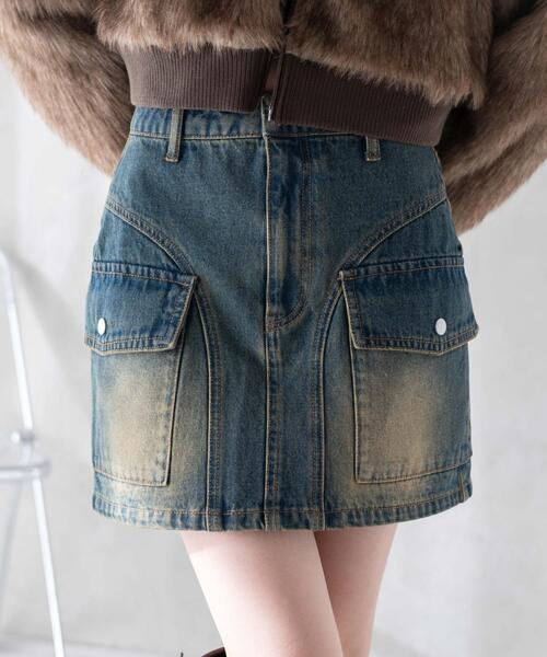 WEGO(ウィゴー)の「WEGO/ヴィンテージウォッシュカーゴミニスカート(デニムスカート・レディース・コバルトブルー/ベージュ/スカイブルー/ブラック・FREE)」の4枚目の写真