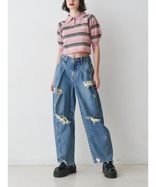 jouetie（ジュエティ）の「マルチボーダーポロニット サマーニット（ニット/セーター・レディース・ブラック/ブルー/ピンク・MEDIUM）」の5枚目の写真