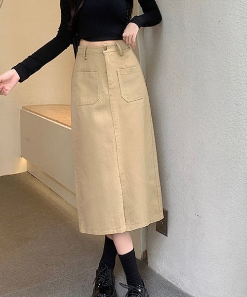 gossip！ロサンゼルス（ゴシップロサンゼルス）の「フロントスリット・カジュアルスカート（スカート・レディース・カーキ/ブラック・S/M/L）」の2枚目の写真