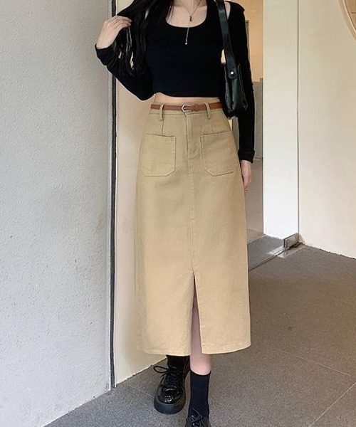 gossip！ロサンゼルス（ゴシップロサンゼルス）の「フロントスリット・カジュアルスカート（スカート・レディース・カーキ/ブラック・S/M/L）」の6枚目の写真