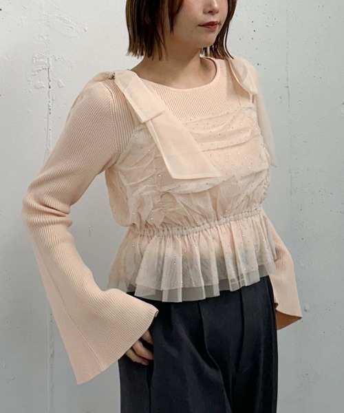 archives（アルシーヴ）の「ビジューチュールビスチェ×フレアリブニットＳＥＴ（アンサンブル・レディース・ピンクベージュ/ブルーグレー/ブラック/アイボリー・MEDIUM）」の4枚目の写真