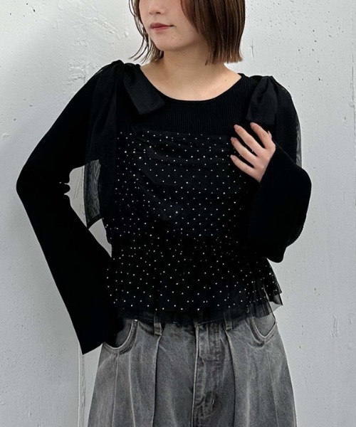 archives（アルシーヴ）の「ビジューチュールビスチェ×フレアリブニットＳＥＴ（アンサンブル・レディース・ピンクベージュ/ブルーグレー/ブラック/アイボリー・MEDIUM）」の2枚目の写真