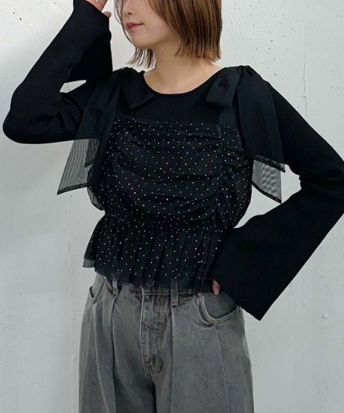 archives（アルシーヴ）の「ビジューチュールビスチェ×フレアリブニットＳＥＴ（アンサンブル・レディース・ピンクベージュ/ブルーグレー/ブラック/アイボリー・MEDIUM）」の15枚目の写真