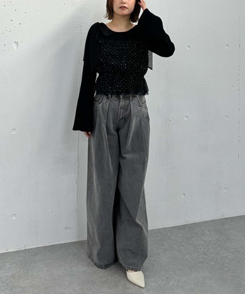 archives（アルシーヴ）の「ビジューチュールビスチェ×フレアリブニットＳＥＴ（アンサンブル・レディース・ピンクベージュ/ブルーグレー/ブラック/アイボリー・MEDIUM）」の16枚目の写真