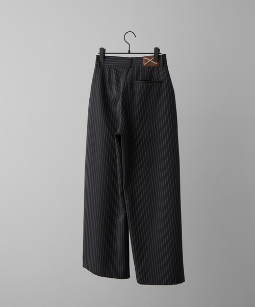 typro ネイビーストライプ ワイドレッグスラックス PUBLIC TOKYO スラックス クロス2タックストライプワイドパンツ