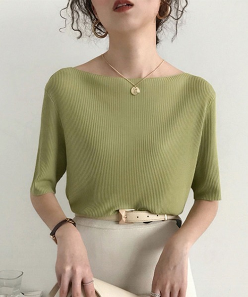 SallyLunn（サリーラン）の「【首元すっきり】ボートネックニットカットソー（Tシャツ/カットソー・レディース・ホワイト/ブラック/ピンク/イエロー/ブルー/グリーン・FREE）」の3枚目の写真