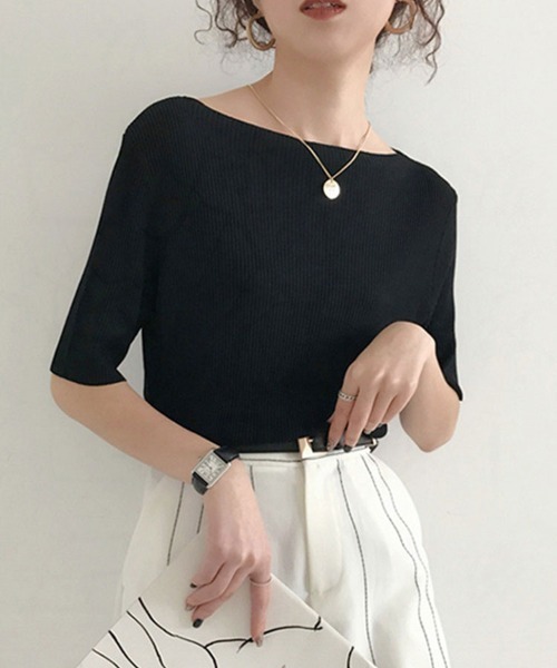 SallyLunn（サリーラン）の「【首元すっきり】ボートネックニットカットソー（Tシャツ/カットソー・レディース・ホワイト/ブラック/ピンク/イエロー/ブルー/グリーン・FREE）」の2枚目の写真