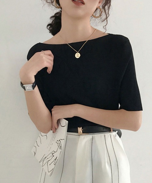 SallyLunn（サリーラン）の「【首元すっきり】ボートネックニットカットソー（Tシャツ/カットソー・レディース・ホワイト/ブラック/ピンク/イエロー/ブルー/グリーン・FREE）」の7枚目の写真