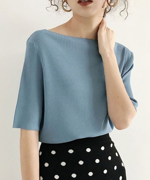 SallyLunn（サリーラン）の「【首元すっきり】ボートネックニットカットソー（Tシャツ/カットソー・レディース・ホワイト/ブラック/ピンク/イエロー/ブルー/グリーン・FREE）」の8枚目の写真