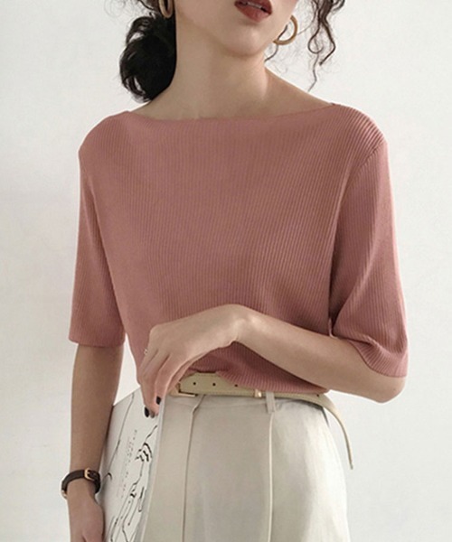 SallyLunn（サリーラン）の「【首元すっきり】ボートネックニットカットソー（Tシャツ/カットソー・レディース・ホワイト/ブラック/ピンク/イエロー/ブルー/グリーン・FREE）」の10枚目の写真