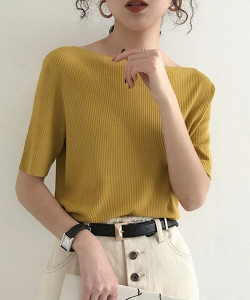 SallyLunn（サリーラン）の「【首元すっきり】ボートネックニットカットソー（Tシャツ/カットソー・レディース・ホワイト/ブラック/ピンク/イエロー/ブルー/グリーン・FREE）」の12枚目の写真