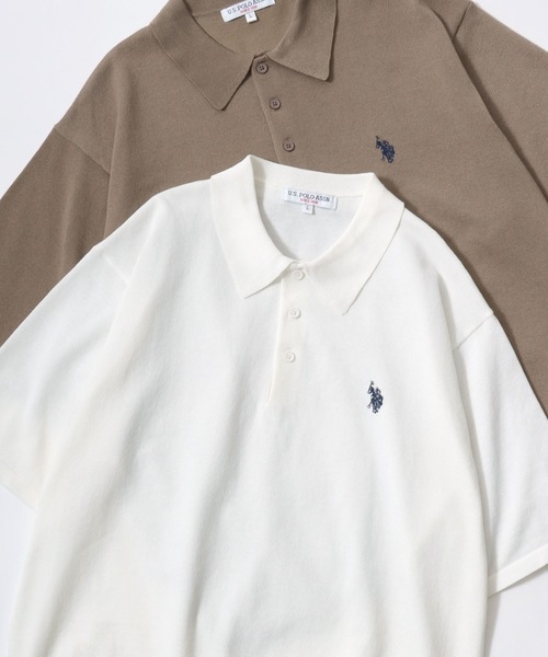 U.S. POLO ASSN.(ユーエスポロアッスン)の「U.S. POLO ASSN./ユーエスポロアッスン オーバーサイズ ニット 無地 ストライプ ロゴ ワンポイント刺繍 半袖ポロシャツ/レディース メンズ(ポロシャツ・メンズ・ベージュ系その他/ブルー系その他/オフホワイト/ブラック/ネイビー/ベージュ・M/LL/L)」の2枚目の写真