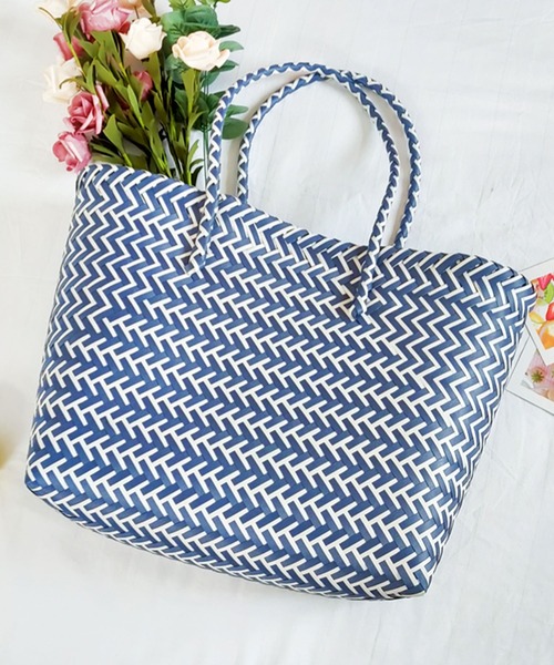 florist（フローリスト）の「【大容量・軽い◎】バイカラーテープ編みかごトートバッグ（かごバッグ・レディース・ネイビー/ライトグレー/ブラック/イエロー系1/ピンク系3/ピンク系1/スカイブルー・FREE）」の5枚目の写真