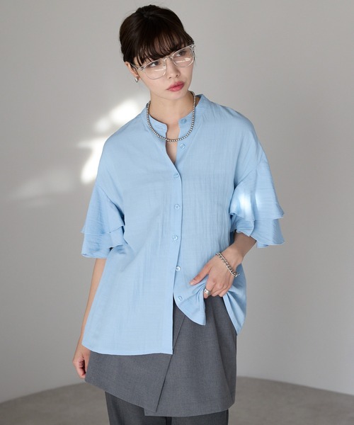 SOTT(ソット)の「Layered frill shirt レイヤードフリルシャツ(シャツ/ブラウス・レディース・オフホワイト/サックスブルー/イエロー・FREE)」の10枚目の写真