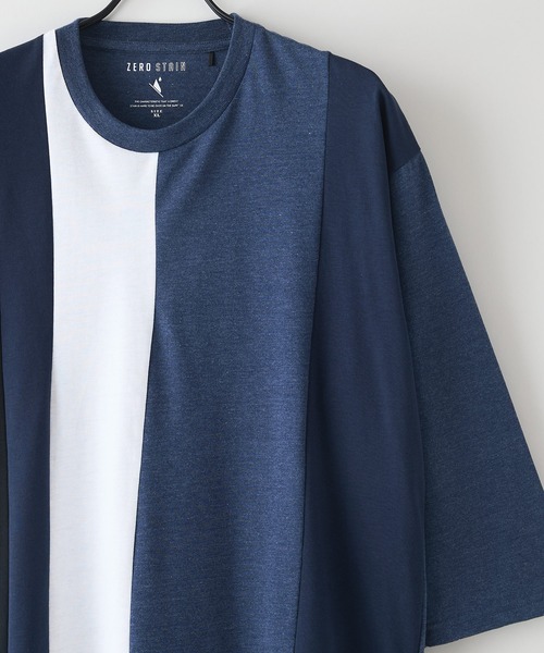 LB/S (エルビーエス)の「【汗染みの目立ちにくいTシャツ ZEROSTAIN/ゼロステイン】フェイクレイヤード ビッグシルエット 切り替えデザイン 7分袖Tシャツ 防汚 UVカット(Tシャツ/カットソー・メンズ・スミクロ/ホワイト/ブルー/オフホワイト・MEDIUM/X-LARGE/LARGE)」の8枚目の写真